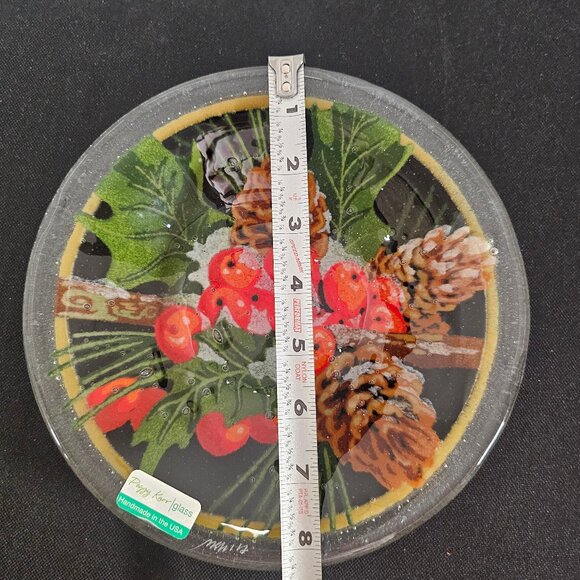 Peggy Karr Pine Cones & Holly Fused Art Glass Holiday Bowl With Signed Sticker - Picture 11 of 12